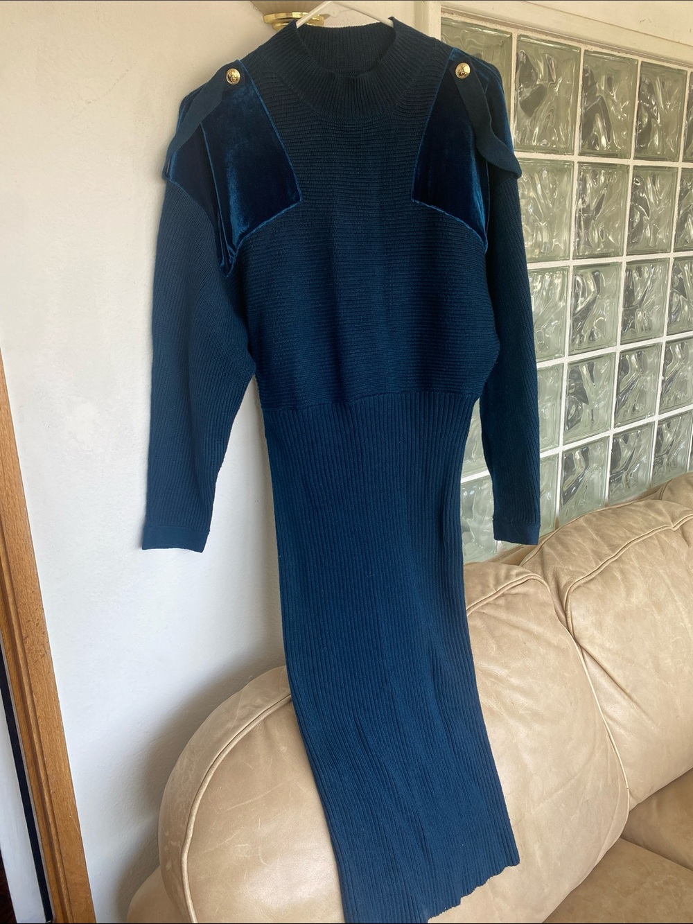 Karen Millen ,Navy Ribbed Knit Midi Dress with Velvet Shoulder Panels